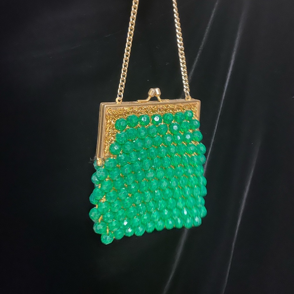 Green and gold satin beaded vintage evening clutch